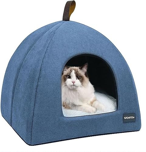 Voarge Cave kattsäng, mjuk varm plysch, bo med avtagbar och tvättbar innerkudde, blå, medium