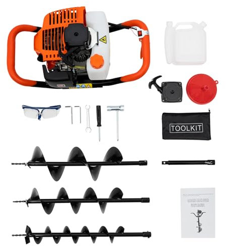 52CC 2Stroke Petrol Earth Auger Fence Post Ground Hole Borrer Digger 2.3HP Single Cylinder Air-cooledAuger Post Hole Digger with 3 Drill Attachments (100mm, 150mm, 200mm Dia)