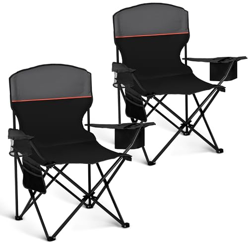 HIGH POINT SPORTS Campingstuhl Faltbar 2er Set bis 102kg Campingsessel Klappstuhl mit Getränkehaltern Faltstuhl Camping Angelstuhl Klappbar mit Armlehnen Outdoorstuhl (Schwarz)