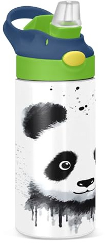 Sevdomey Panda Bouteille d'eau pour enfants avec paille pour filles et garçons, eau isotherme et étanche en acier inoxydable de 350 ml pour école, crèche, voyage, sport
