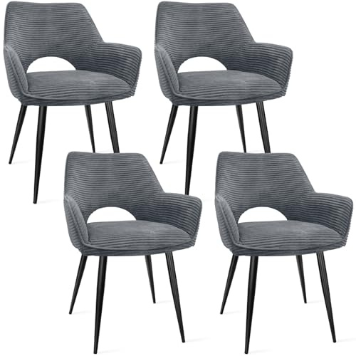 WAFTING Esszimmerstühle 4er Set, Armlehnstuhl mit Metallbeine, Grau | Cord Stoff, Hohe Rückenlehne,Samt Stuhl,Küchenstühle,Wohnzimmerstuhl,Polsterstuhl,Restaurant,Schlafzimmer,Konferenzraum,Hotel