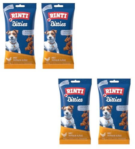 Rinti Bitties Huhn + Käse | 4er Pack | 4 x 75 g | Snack für ausgewachsene Hunde | Extra weich | Ohne Zucker & Soja | Mit wertvollem Omega 3 | Viel frisches Fleisch