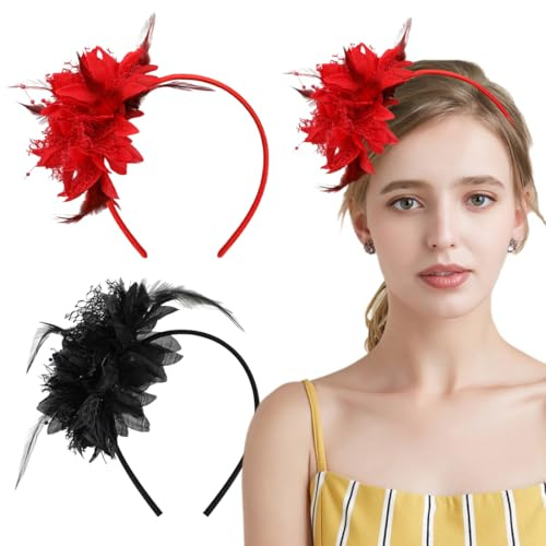 2 Stück Feder Haarreif mit Künstlichen Blumen, Retro Haarband Haarreif Fascinator, für Karneval Cocktail Hochzeit Tee-Party Accessoires
