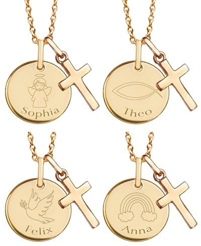 Taufkette mit Kreuz | Personalisierte Kette für Mädchen Jungen Baby Kinder mit Gravur Namen Gold (Silber 925 vergoldet) | Geschenk zur Taufe Kommunion Taufgeschenk Patenkind | Namenskette Kreuzkette.