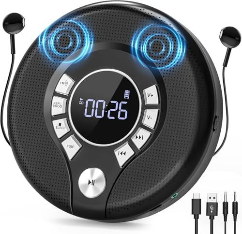 Greadio CD Player Tragbar, Discman Tragbarer CD Player mit 2000mAh Wiederaufladbarer und Anti-Skip/Stoßfest für Auto, Kompatibler FM-Transmitter, USB, AUX-Ausgang, Kopfhörer, Doppellautsprecher