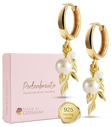 Schmuck mit Perlen Hochzeit – premium 925 Silber Schmuckset & Ohrringe Braut – hochwertiger Brautschmuck Perlen – Damen Schmuck gold Braut – Brautohrringe, Schmuckset Hochzeit Blatt