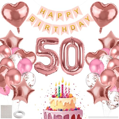 MIEWAA Deko 50. Geburtstag Frau, 50er Geburtstag Luftballons Frauen, Geburtstagsdeko 50 Jahre mit Happy Birthday Banner, Groß Zahl 50 Folienballon, Herz Stern Folienballon, Latex Konfetti Ballon Rosa