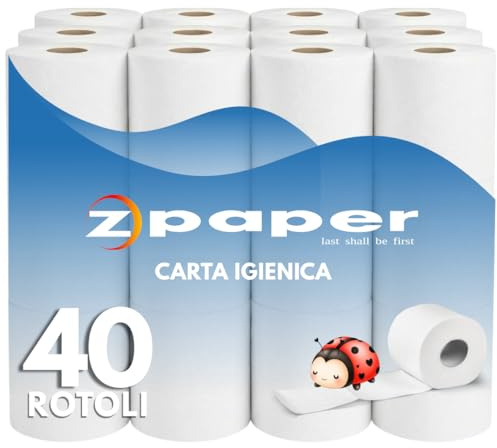 ZPAPER - 40 Rotoli di Carta Igienica, 100% pura cellulosa 2 Veli, morbida e resistente per la casa o l'ufficio