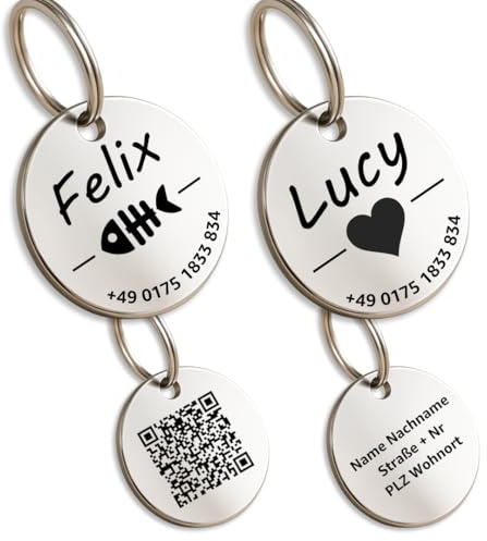 Katzenmarke mit Gravur - ⌀23mm - Edelstahl - personalisierter Katzen-Anhänger | wetterfest in Silber | Tiermarke mit Symbolauswahl - Cat Tag - Anhänger Marke für Katzen - Silber