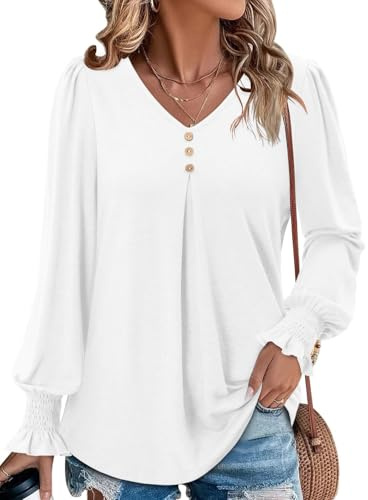 CHICZONE Women's Long Sleeve Tops V Neck Pleated Shirts Blouses Dressy Casual Tunic White