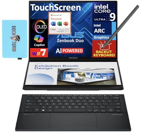 ASUS Zenbook Duo AI Powered 2-in-1 Laptop 14.0 Touchscreen OLED 2.8K Display (Intel Ultra 9-285H, 32GB LPDDR5X, 4TB PCIe SSD, Active Pen, Win 11 Pro) w/MS 365 Personal, DKZ USB Port Expander