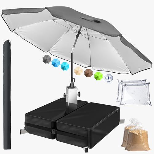 4smile Sonnenschirm mit Ständer im 3er-Set, Anthrazit - Ø 180cm Sonnenschirm Strand, inkl. Schirmhülle und befüllbarem Sonnenschirmständer - Strandschirm, Balkonschirm rund, höhenverstellbar knickbar