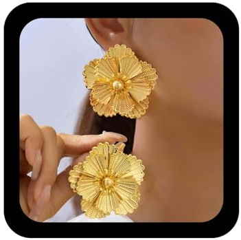 Cybche Grandes boucles d'oreilles à tige bohème en forme de fleur dorée - Boucles d'oreilles à tige en métal - Tournesol exagéré - Bijoux pour femme