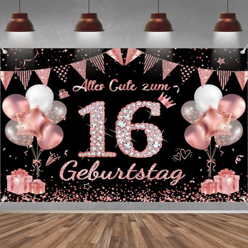 16. Geburtstag Banner Mädchen Deko Roségold Schwarz 16 Geburtstag Hintergrund Banner, Extra Große Stoff Schild Poster für 16. Geburtstagsparty Deko, 210x150 cm