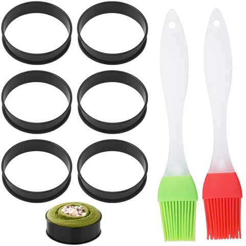 Crumpet Rings Non Stick, 6 Black Moulds and 2 Silicone Brushes, Cooking Rings for Even Pancakes and Fried Eggs, Dishwasher Safe Baking Tools for Home Chefs