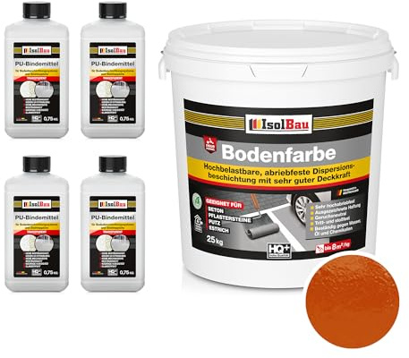 Isolbau - 2K PU-Bodenbeschichtung für Innen- und Außenböden - Bodenfarbe Ziegelrot mit 4 x PU-Bindemittel für Garagen, Werkstätten, Kellern - Garagenboden-Beschichtung - Betonfarbe 25kg