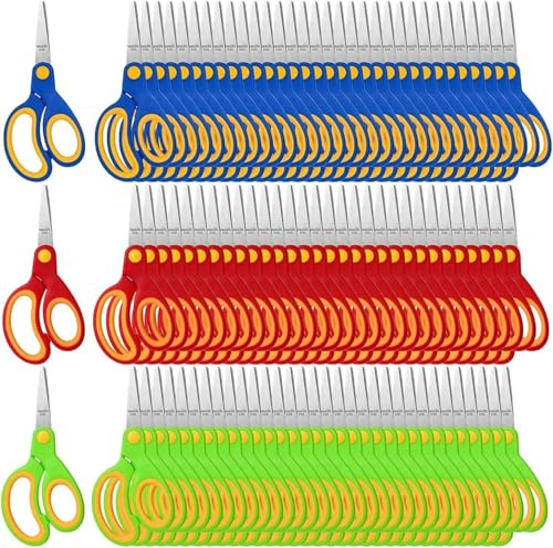 Kinderschere Set 60 Stück, Bastelschere Kinder mit Rundspitze, 13cm Sicherheitsschere für Kindergarten und Grundschule, Bastelscheren Klassensatz für Kunstunterricht, Rostfrei, Blau/Rot/Grün
