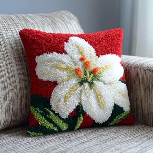 Henypt Kit Point Noué Coussin, Lys blancs Crochet de Verrouillage Kits de Coussins avec Crochet, Tapis Point Noué à Faire, Coussin au Point Noué 43x43cm