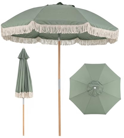 COSTWAY Parasol de Jardin Extérieur avec Franges 180 cm, Parasol Plage Inclinable, 8 Baleines Robustes, 30° Inclinaison, Ouverture Automatique, Style Bohème, pour Balcon Terrasse Piscine (Vert)