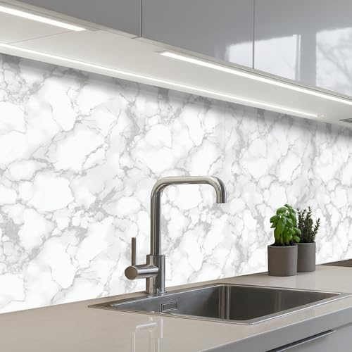 KitchenYeah© Credence Adhesive Pour Cuisine 60x200 cm Panneau Mural Adhesif Fond De Hotte Plaque Pvc Murale Peel And Stick Protege Mur Blanc - Marbre - Gris
