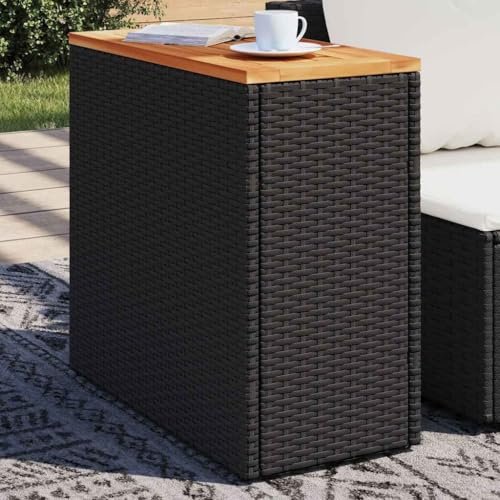 kithwjll Garten-Beistelltisch mit Holzplatte Schwarz 58x27,5x55 cm Poly Rattan wetterfest Kleiner Balkontisch für Terrasse Outdoor Loungetisch stabil klappbar