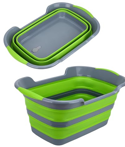 Bacinella Pieghevole Bucato Multiuso con Manici 27 Litri con Tappo di Scarico Salva Spazio Cesta Catino Vasca da Bagno Pieghevole Animali Secchio Portabiancheria Bacino Campeggio Casa Picnic Camper