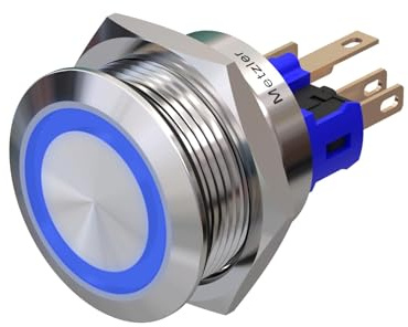 Metzler - Drucktaster 22mm - LED Ringbeleuchtung Blau - IP67 IK10 - Edelstahl - Flach - Lötkontakte