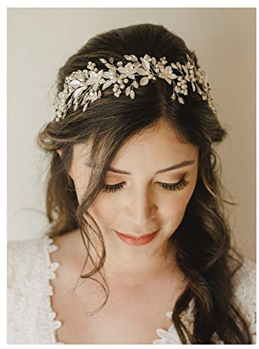 SWEETV Handmade Rhinestone Wedding Headband Flower-Leaf Bridal Headpieces for Wedding Pearl Hair Accessories (Silver)