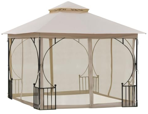 Outsunny Cenador de Jardín 3x3 m Gazebo con 4 Cortinas Laterales Beige | de Cremallera, Doble Techo, 8 Orificios de Drenaje, Estilo Moderno, para Patio, Aire Libre