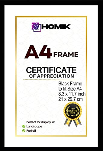 HOMIK A4 Bilderrahmen mit Acryl-Sicherheitsglas - Schwarz, A4, Modern, Wandmontage, 1 Stück