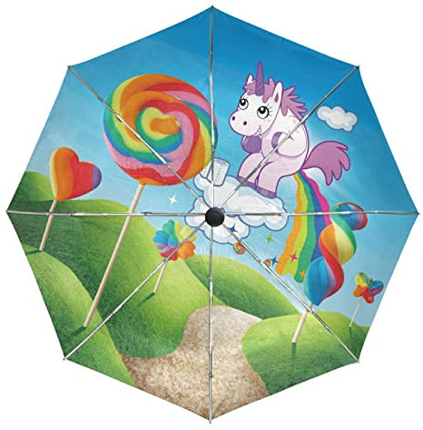 Süßes Babygeschenk Süßigkeiten Einhorn Pferd Regenschirm Taschenschirm Automatische Reise Winddichte Sonnenschutz Trekkingschirm Wanderregenschirm für Frauen Männer