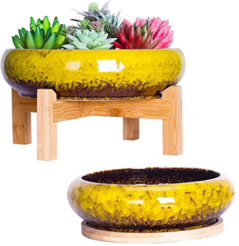 ARTKETTY Plant Pots Indoor - 18.5/25 CM Large Bonsai Pots with Trays Set of 2, Colorful Succulent Plant Pots Ceramic Pots for Cactus Plants Garden Decorative Flower Pot