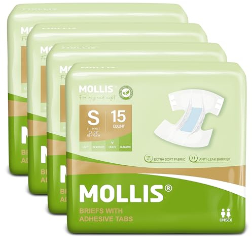 MOLLIS Couches Adultes Hommes et Femmes, Culottes Absorbantes Incontinence, Couches Jetables pour Fuite Urinaire, Unisexe, Taille S, 60 Unités