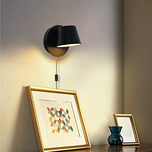 LED Plug in Wall Light Sconces Black Round Adjustable 2700k Warm Lighting Lamps for Bedroom Reading, Modern Rotation Mounted Fixtures Small Wall Lamps with Plug in Cord Switch(Included LED Lights)