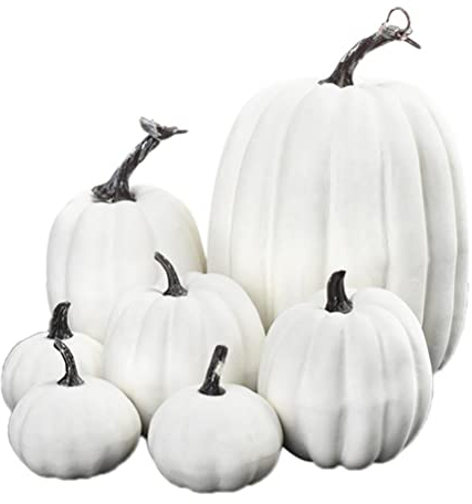 Zucca artificiale, 7 pezzi di zucca artificiale, zucca bianca, decorazione simulazione in schiuma, zucche ornamentali Harvest, raccolta autunnale, giorno del Ringraziamento, festa di Halloween