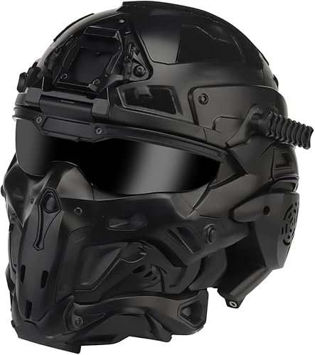 Casque Tactique Tout-en-Un avec Masque Intégral Airsoft, avec EcouteurTactique Intégré/Ventilateur Anti-Buée/Lunettes Coulissantes pour Visière Militaire CS Paintball, Chasse, Sports De Plein Air