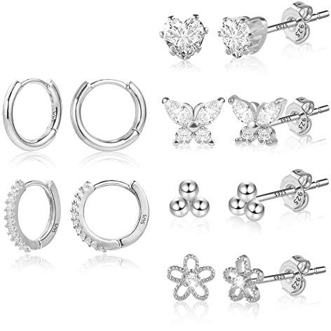 6/12 Paar Multipack Ohrringe Silber 925 Creolen Gold Ohrstecker Kleine Set | Multipack Stapelbar Ohrringe Set Damen Frau Kleine Knorpel Huggie Kreolen Creolen Eckig Oval Herz Ohrstecker mit Zirkon Stein