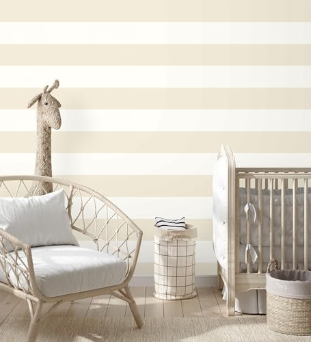 GAULAN 680245 Papier peint vinyle à rayures horizontales pour enfants beige et blanc pour mur pièce bain chambre enfantine tête de lit chambre garçon - Rouleaux de 10 m x 0,53 m