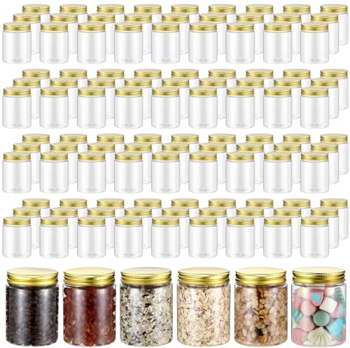 Wesiti 60 Pcs 8 oz Clear Plastic Mason Jars Containers With Screw on Gold Lids Refillable Round Empty Plastic Jars Storage Containers Reusable for Kitchen Household Dry Food Storage Honey Herb Nuts