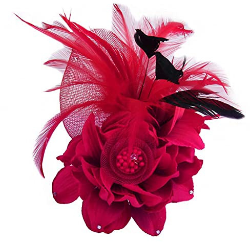 Damen Vintage Feder Brosche,Asudaro Blumen Feder Brautbroschen Haarschmuck Vintage Brosche Stoff Corsage Broschen Hochzeit Broschen für Frauen Party Haarschmuck Mode Hut Elegant Rot