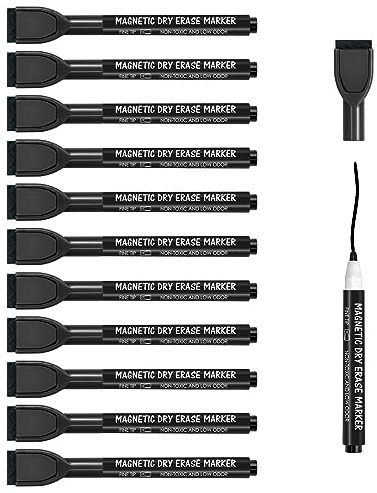 maxtek 12 Black Magnetic Whiteboard Pens with Eraser, Low Odor Fine Tip White Board Markers Erasable, Thin Dry Wipe Pens for School Office Home