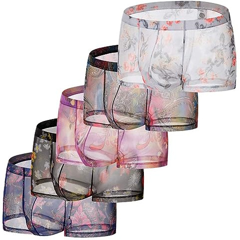 Générique Boxer Transparent en Maille Confortable pour Hommes sous-vêtement Sexy en Soie glacée Slip Taille Basse Transparent imprimé (Multicolore,L)