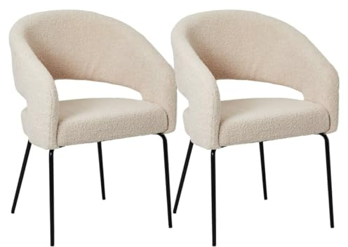 Furnhouse Natalie Esszimmerstühle mit Armlehne 2er Set Beige – Bouclé Stoff Creme, Skandinavisches Design, Metallgestell, Gepolstert & Komfortabel