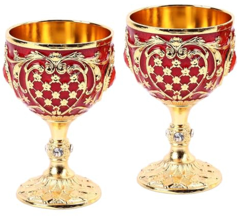 Bicchieri da Vino Vintage in Lega di Metallo Calici retrò Decorativi Eleganti per Feste da Bar in Casa, Set di 2 (Oro e Rosso)
