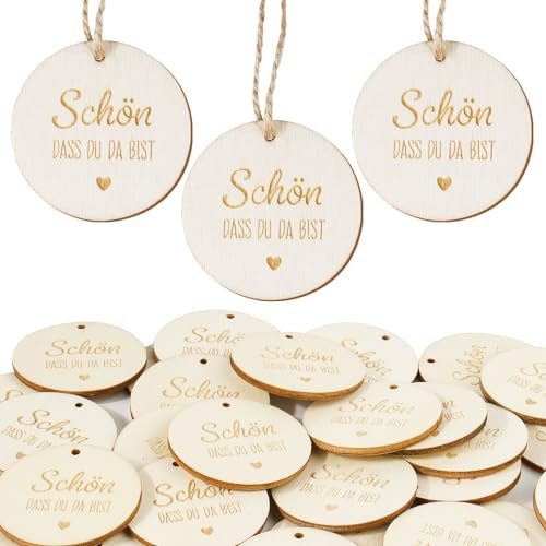 BOFUNX 30 Stücke Holz Geschenkanhänger Schön Dass Du Da Bist Holzanhänger Rund Holzscheiben Holzdeko Streudeko für Hochzeit Taufe Geburtstag Party