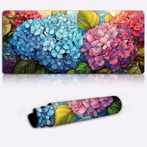 Keyboard Mat Desk Mat Hydrangeas Long Extend （23.6x13.8x 0.12 inches Large Mouse Mat Soft Smooth Surface and Anti-Slip Rubber Base Soft Cloth