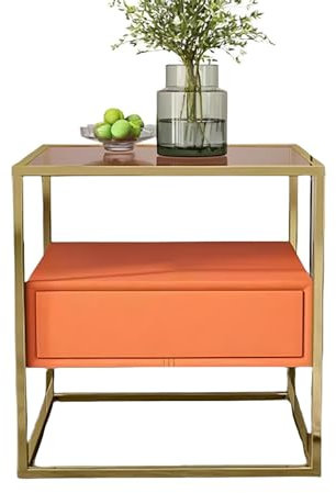 Eiauiuo Beistelltisch Quadratisch Modern Sofatisch Nachttisch Glas oder Marmor Desktop Kleiner Couchtisch Gartentisch Balkontisch mit Metall Rahmen(Color:Goldenes Regal+orangefarbene Schublade)