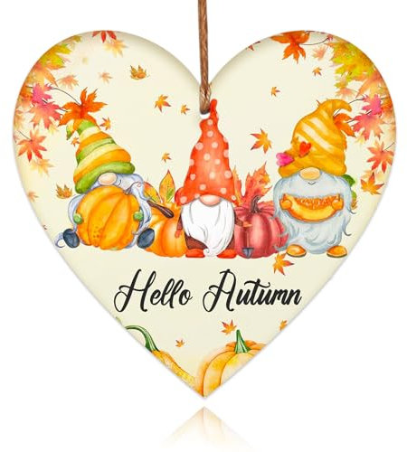 iwiio Hello Autumn Decorations Autumn Gifts Wooden Heart Hanging Plaque Printed Autumn Leaves,Pumpkin, Autumn Sign Autumn Accessories for Thanksgiving and Autumn