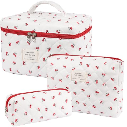 Makeup Bag,Quilted Cosmetic Bags,Large Floral Make Up Organize bag,Makeup Bag Set for Women,Flower Travel Toiletry Bag