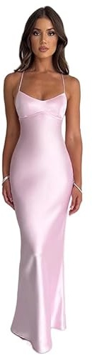NARUPE Damen-Slip-Maxikleid, ärmellos, offener Rücken, rückenfrei, Schnürung, Bandage, überkreuzt, Meerjungfrau, Satin, Partykleid (Rosa, S)